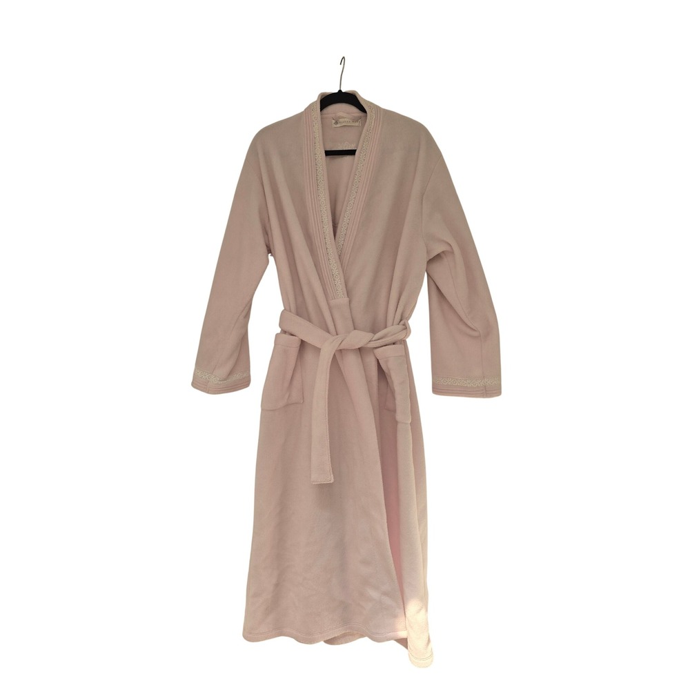 Eileen West Light Pink Fleece Robe Lace Trim Long Wrap Bathrobe Pockets Cozy